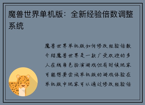 魔兽世界单机版：全新经验倍数调整系统